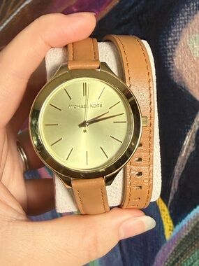 Michael Kors Gold Dial Tan Leather Double-Wrap Watch